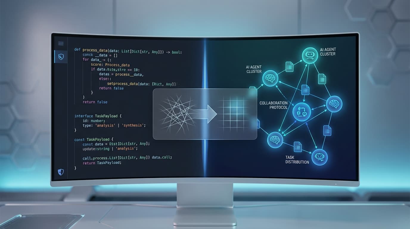 A futuristic digital workspace showing a split-screen interface: one side displays structured Python