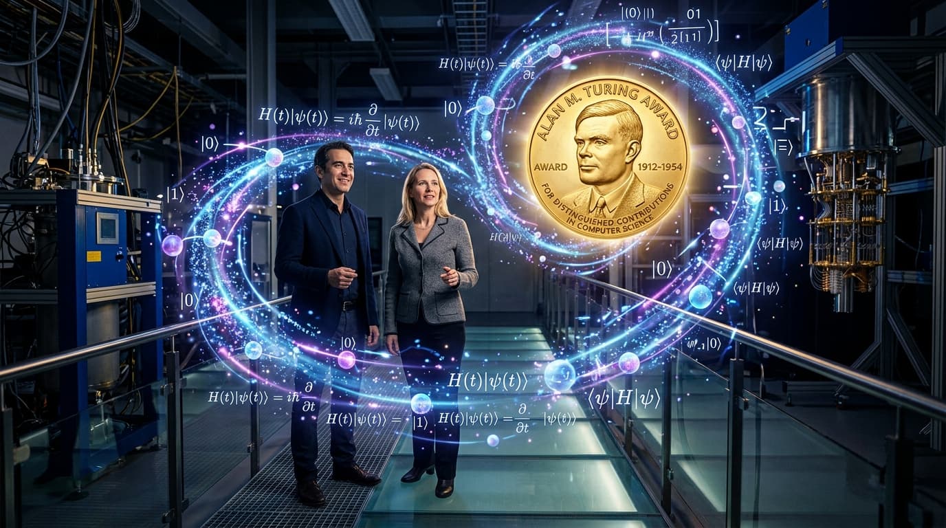 An artistic representation of two scientists standing amidst a swirling vortex of qubits and mathema