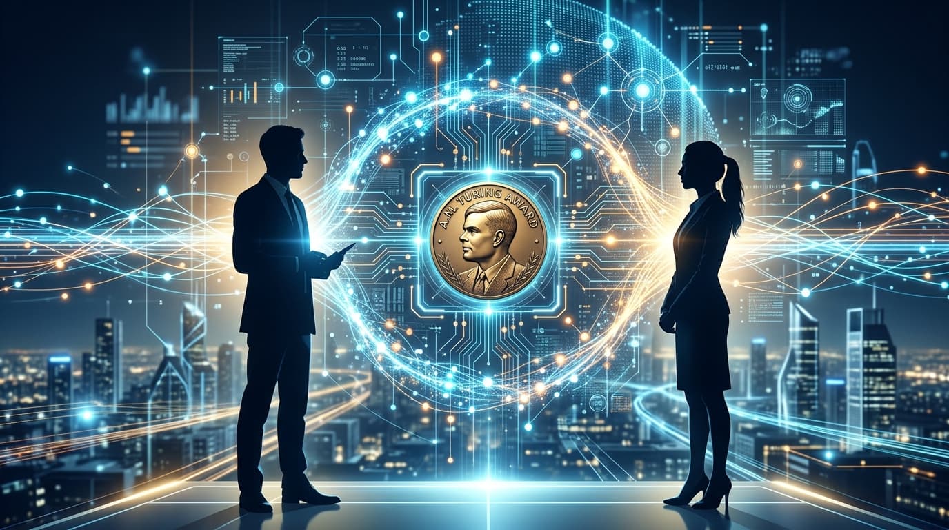 An artistic representation of two visionary scientists' silhouettes connected by glowing, entangled