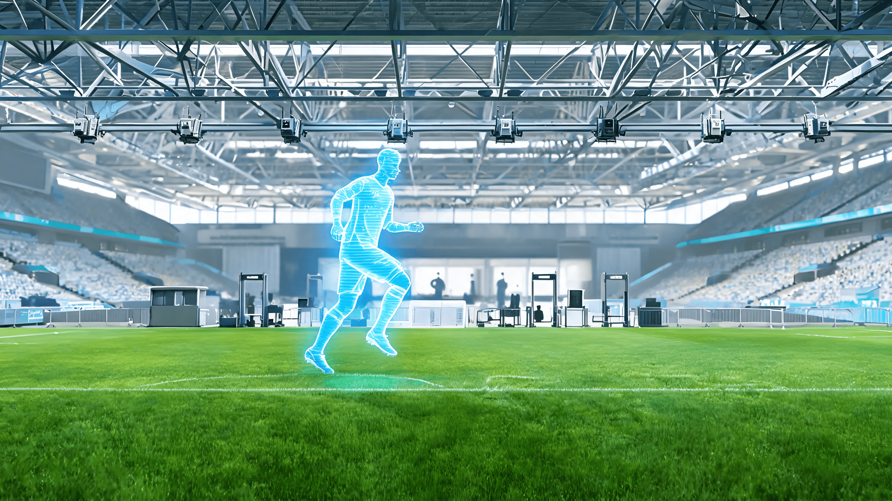 A modern stadium interior with digital sensors mounted on the roof and a 3D overlay of a football pl