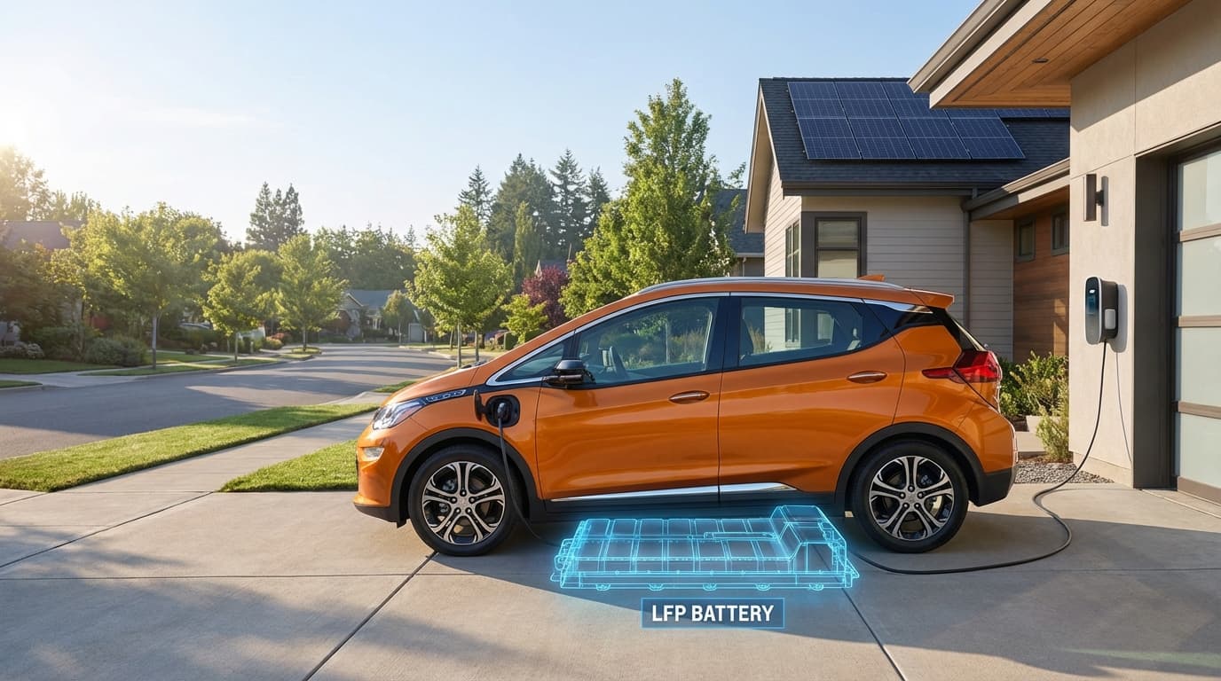 A modern, bright orange Chevrolet Bolt parked in a suburban driveway with a home charging station. T