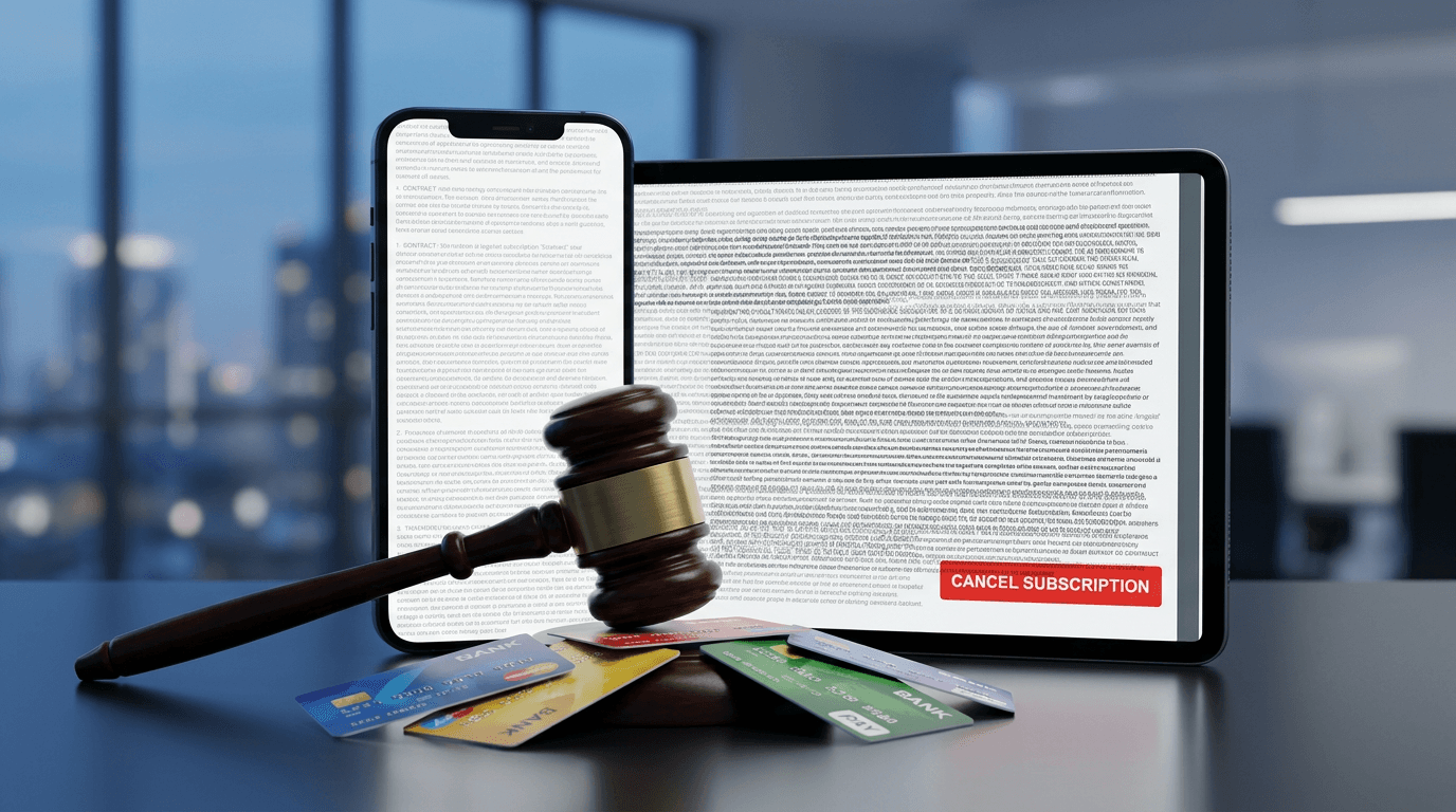 A digital contract on a screen with the 'Cancel' button hidden behind a massive wall of fine print,