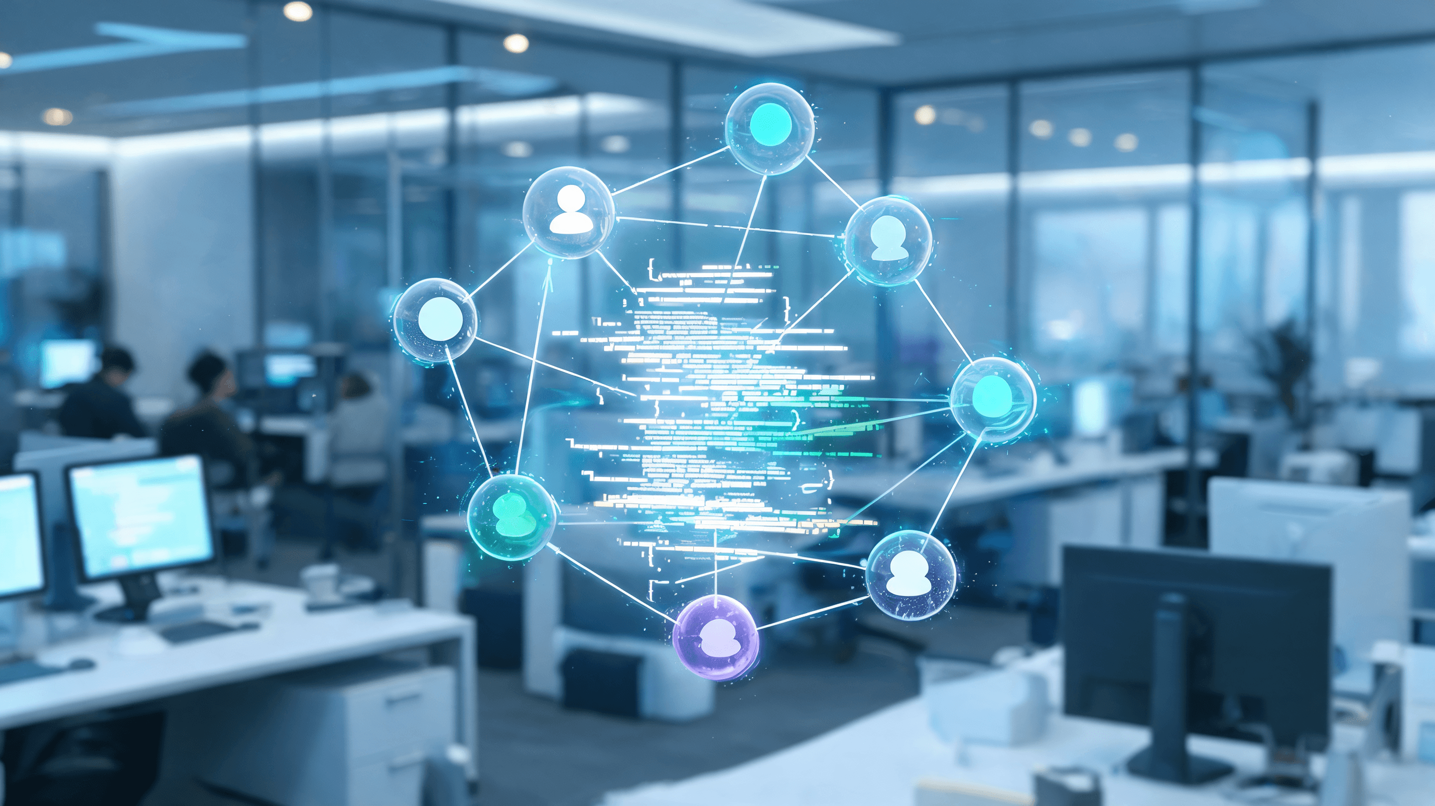 A digital illustration of multiple AI agents as glowing nodes working together on a complex software