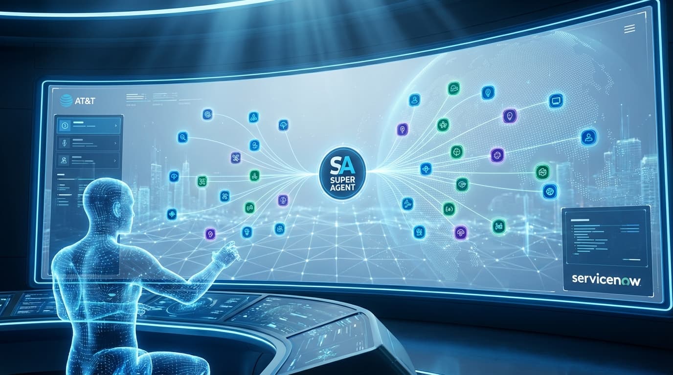 A futuristic digital command center showing a 'Super Agent' directing multiple smaller specialized A