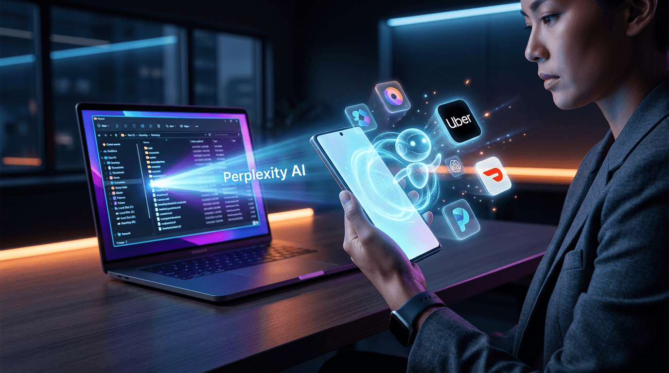 A person holding a glowing Samsung S26 showing a transparent AI agent (Gemini) interacting with vari