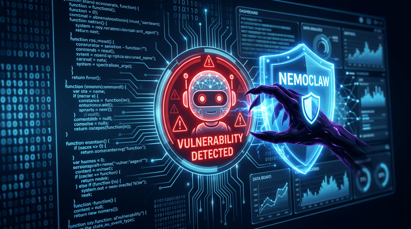 A digital security dashboard showing a red 'Vulnerability Detected' alert over an AI agent icon, wit