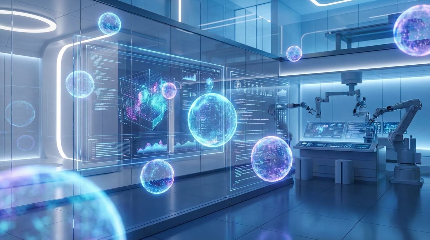 A futuristic laboratory where multiple glowing AI agents, represented as translucent spheres of ligh