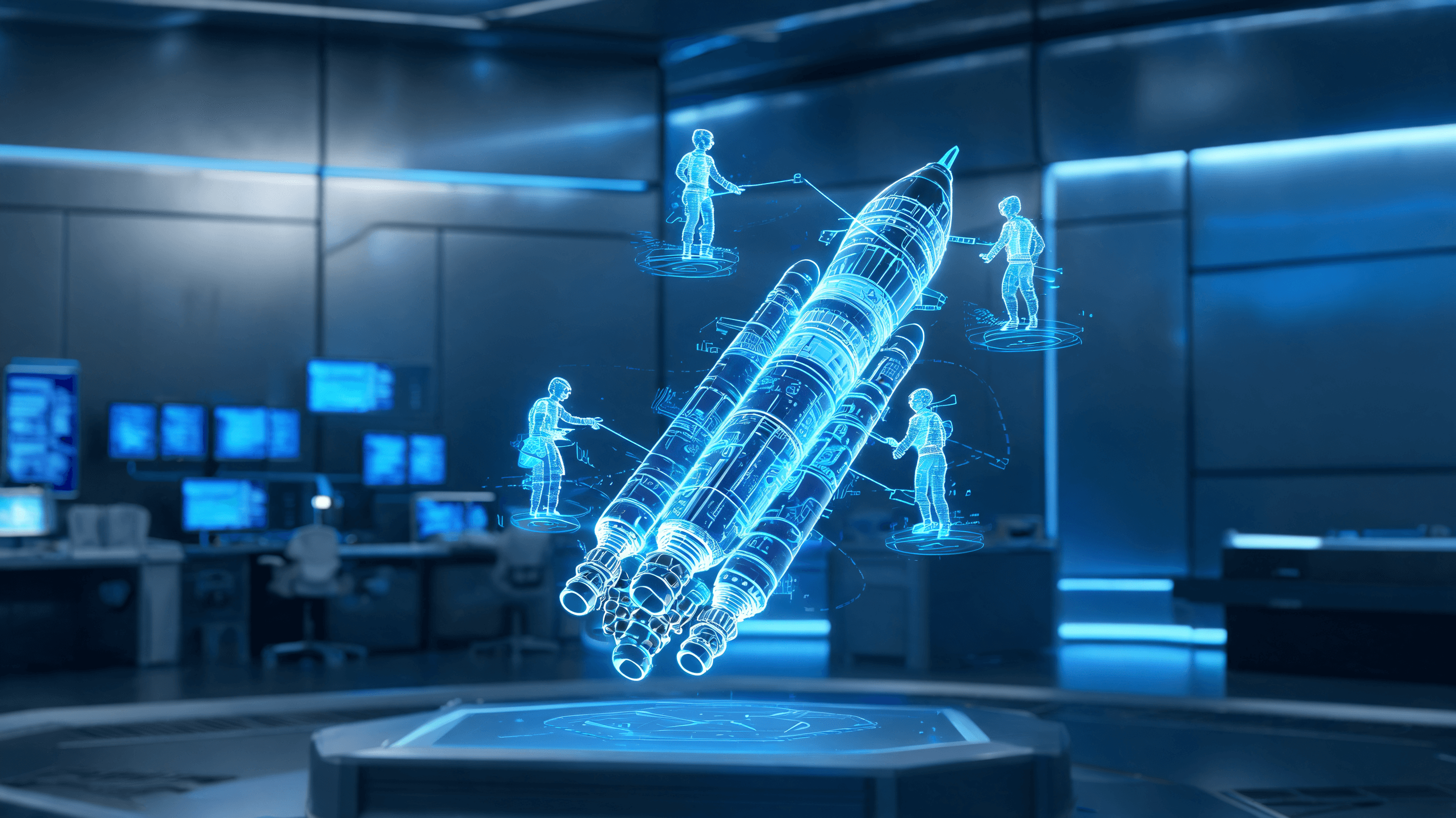 An intricate digital schematic of a high-powered rocket displayed on a high-tech holographic interfa