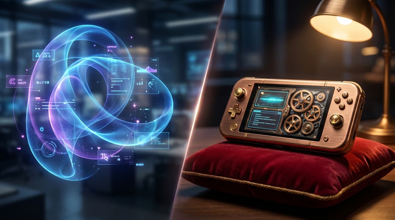 A futuristic split-concept illustration: on one side, a fluid, ever-changing holographic interface (