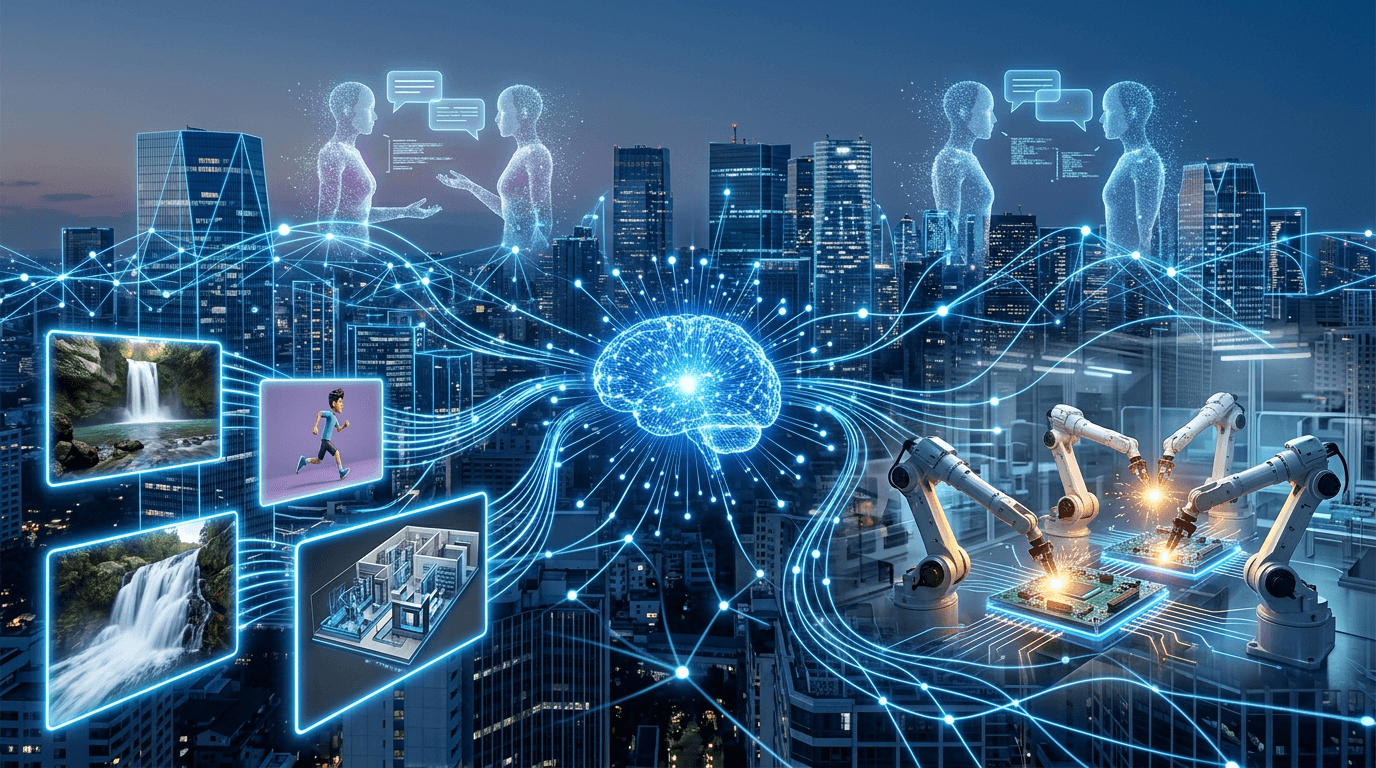 An abstract, interconnected network of glowing blue lines and nodes, with semi-transparent humanoid