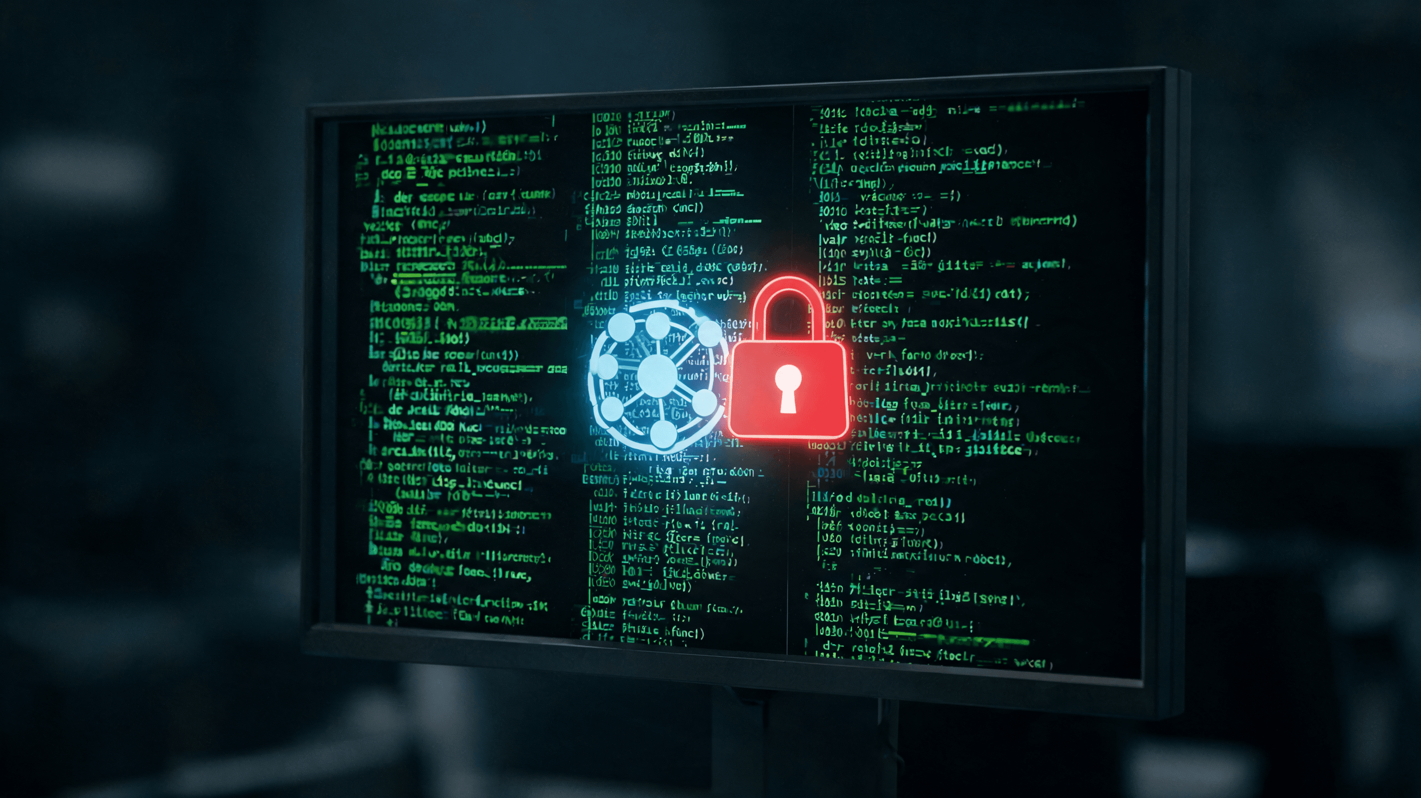 A conceptual dark, cinematic image of code scrolling on a screen, with a glowing red padlock icon ap