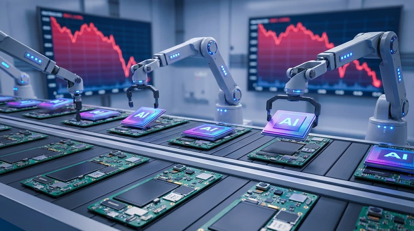 A microchip assembly line where robotic arms are prioritizing glowing 'AI' chips, leaving empty smar