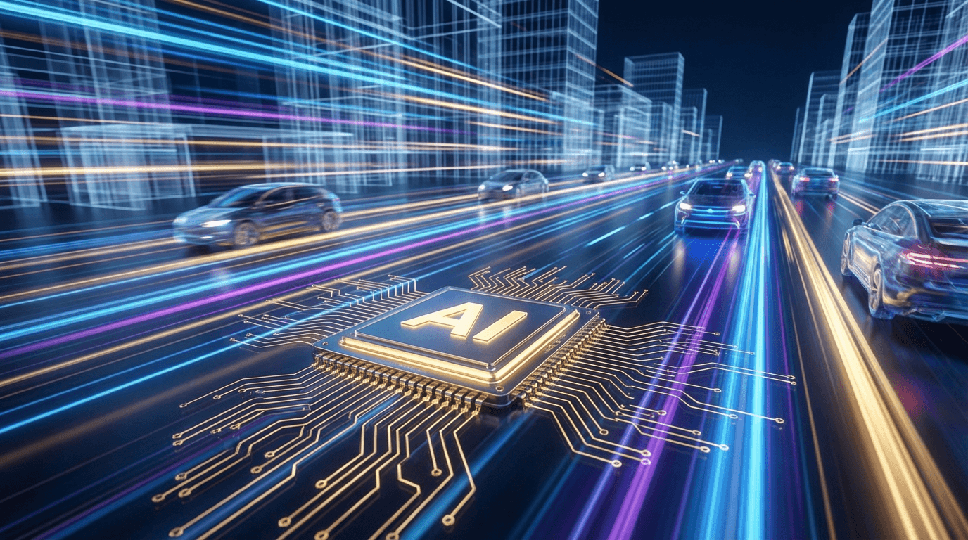 Close-up of a high-tech AI chip glowing with golden neural pathways, surrounded by a fleet of futuri