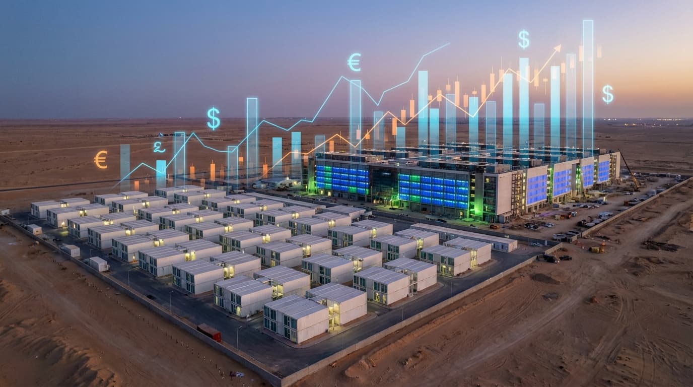 An expansive drone shot of a modern, high-tech 'man camp' made of modular white containers near a ma