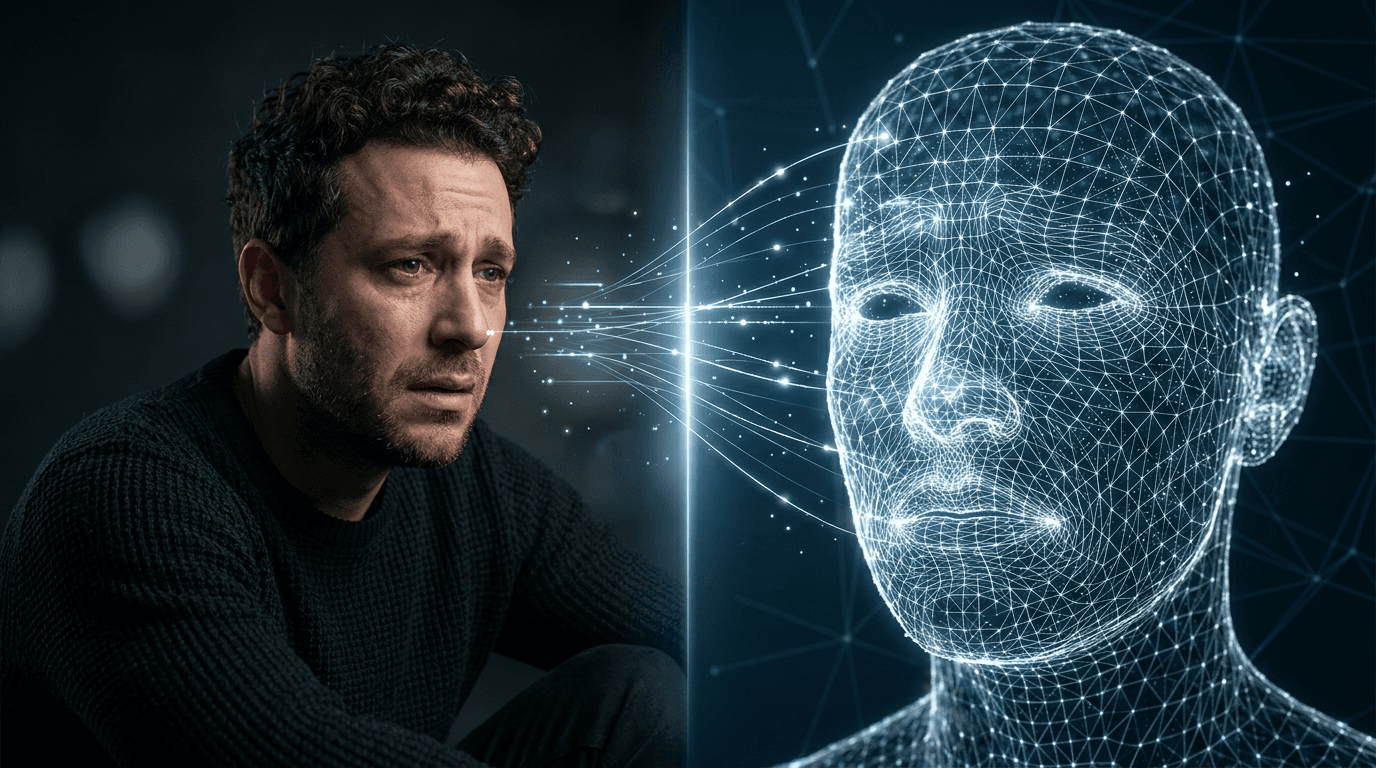 A split-screen visual: On one side, a human actor in a black studio expressing intense sadness; on t