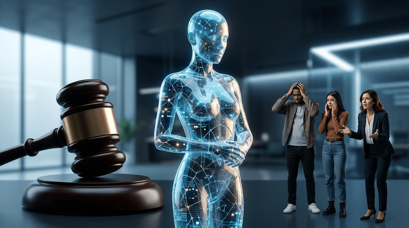 A conceptual image of a translucent AI avatar with a fractured glass texture, standing between a cou