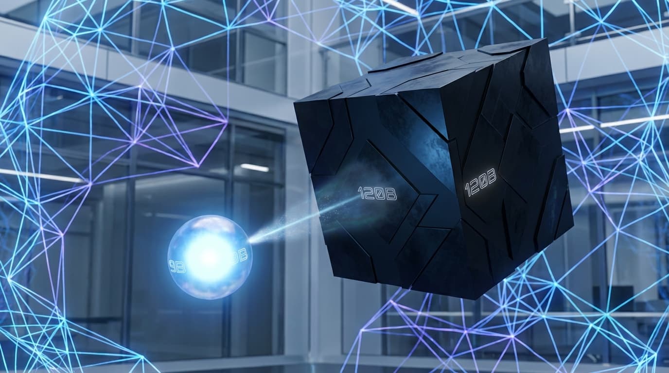 A futuristic visualization of a small, bright glowing orb (labeled 9B) effortlessly lifting a massiv