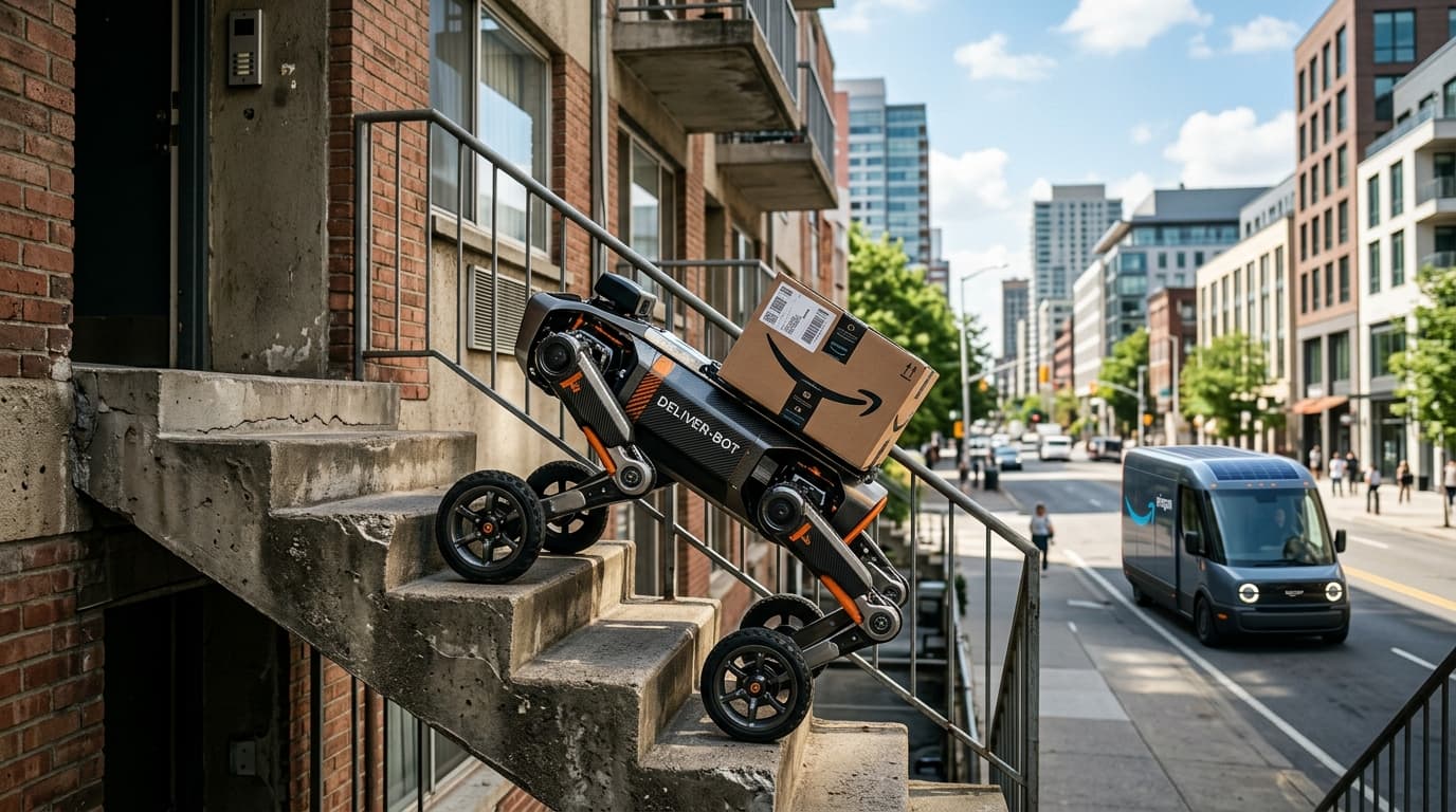 A highly detailed delivery robot with a mix of wheels and legs, successfully climbing a concrete sta