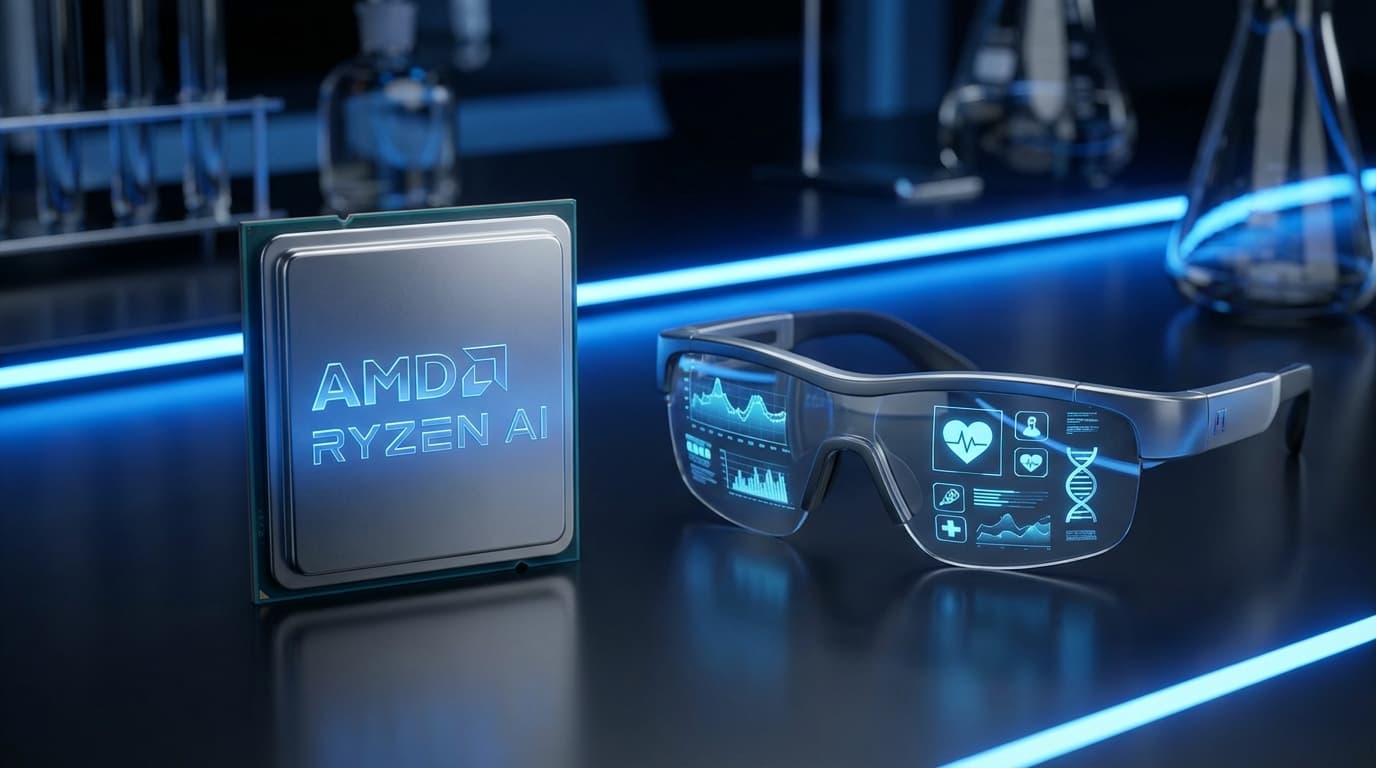 A macro shot of a metallic processor with 'AMD Ryzen AI' etched on it, adjacent to a futuristic smar