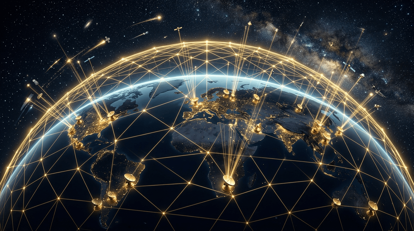 A sophisticated digital illustration of a global network of ground-based telescopes pointing toward