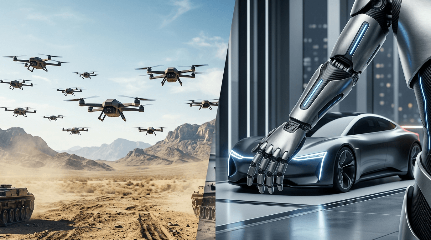 A split-screen visual: one side showing a swarm of autonomous military drones over a desert landscap