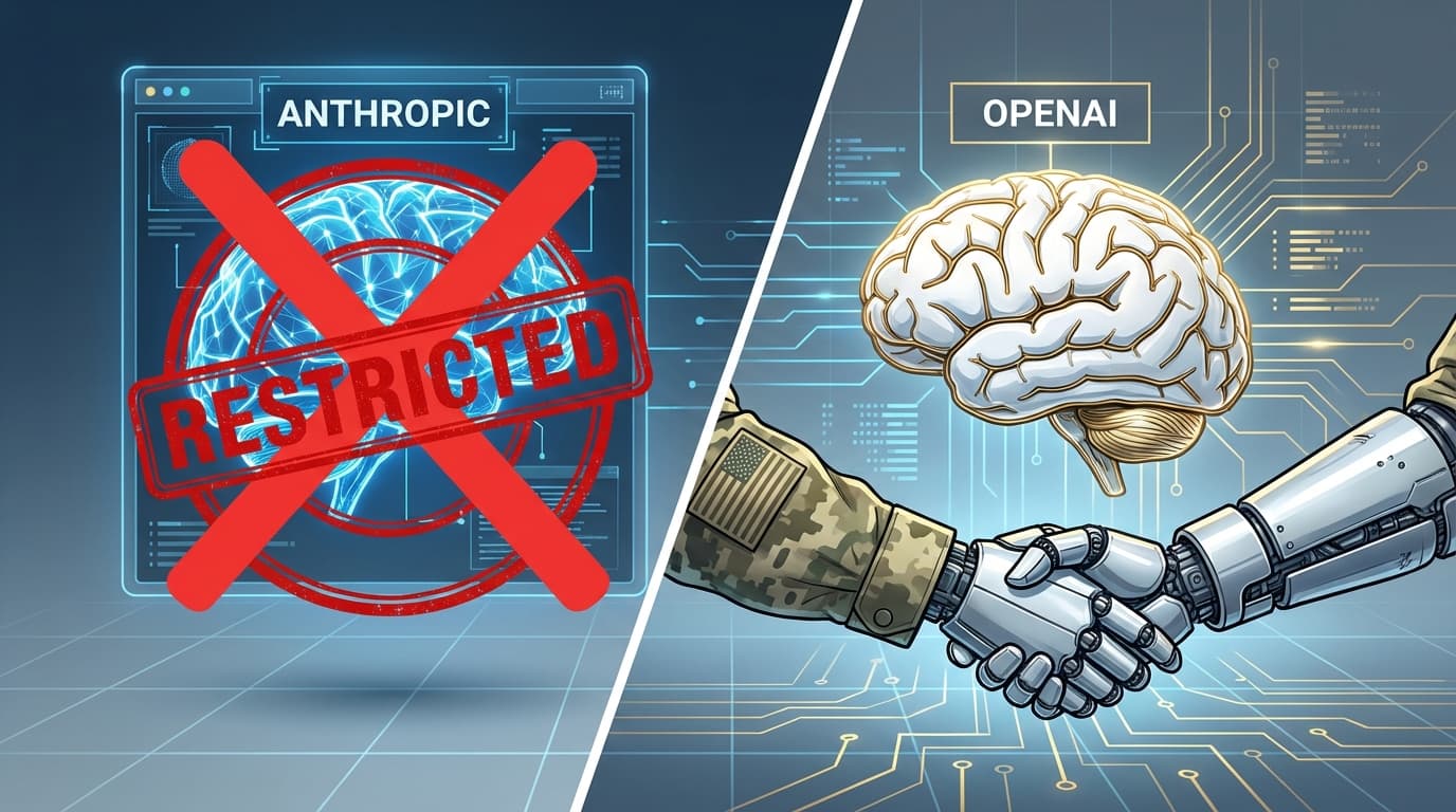 A conceptual digital illustration. On the left, a blue glowing AI brain (Anthropic) is being blocked