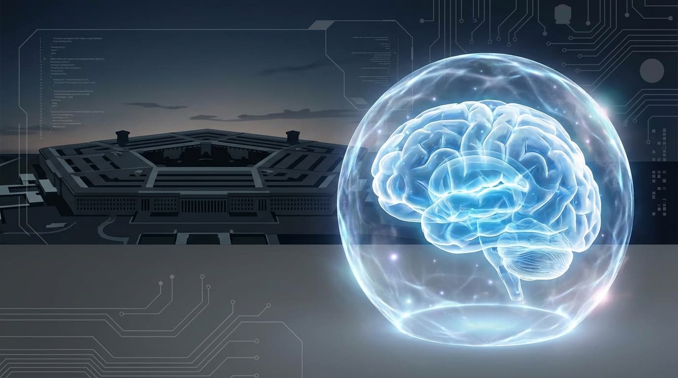 A futuristic standoff between a glowing, peaceful AI brain protected by a transparent shield and a d