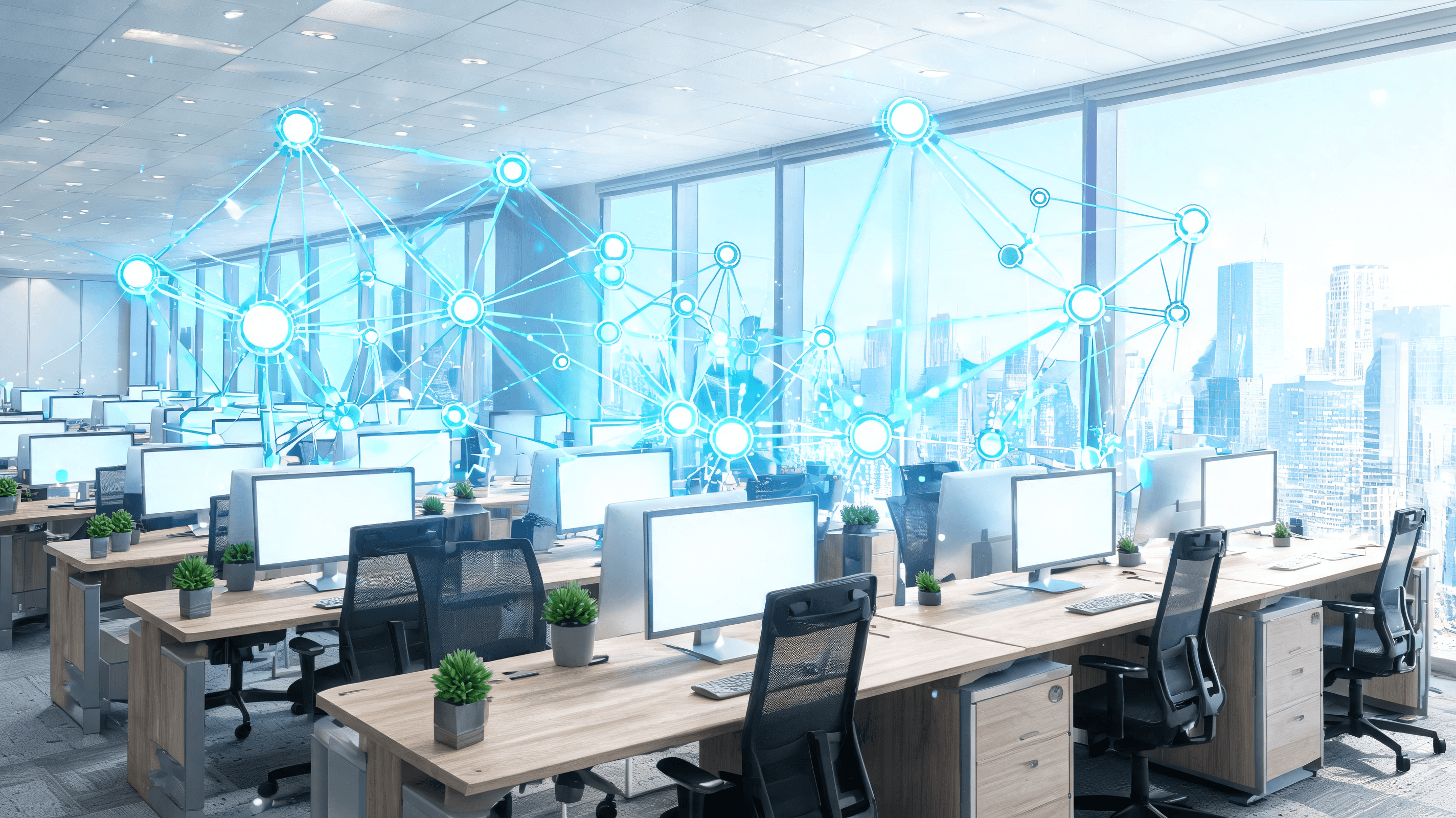 A modern, professional office interior with a digital representation of growth and AI neural network