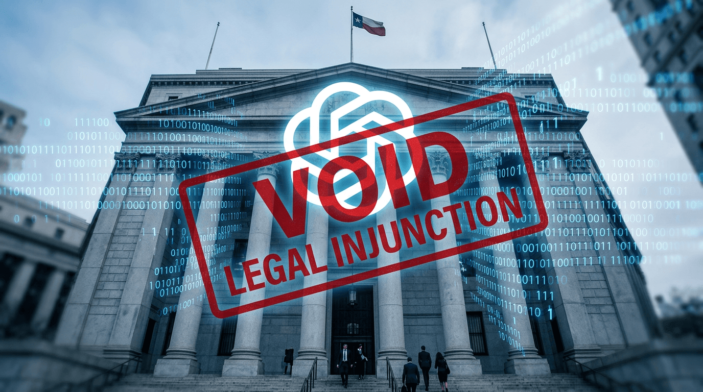 A dramatic low-angle shot of a courthouse with a digital overlay of binary code and a glowing corpor