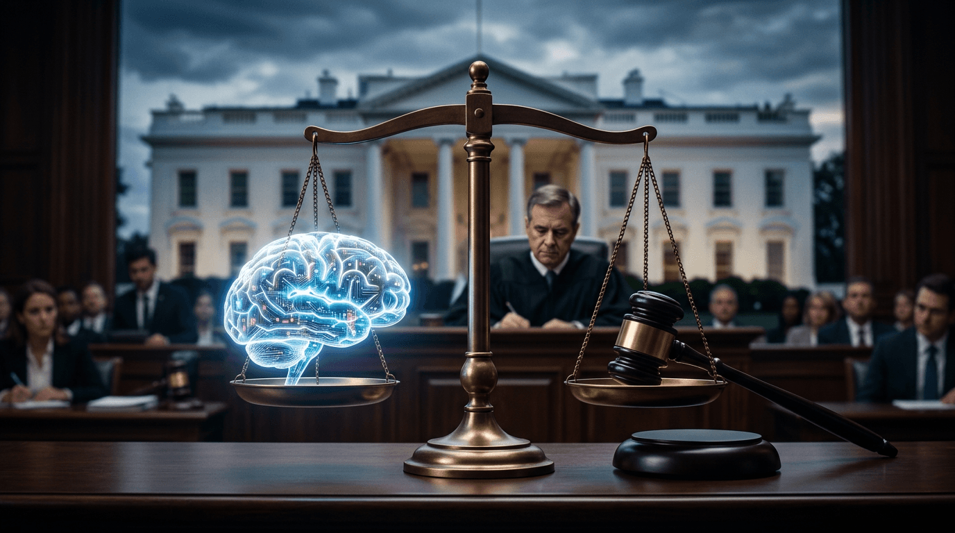 A courtroom scene where a transparent, glowing AI brain is being weighed on the scales of justice ag