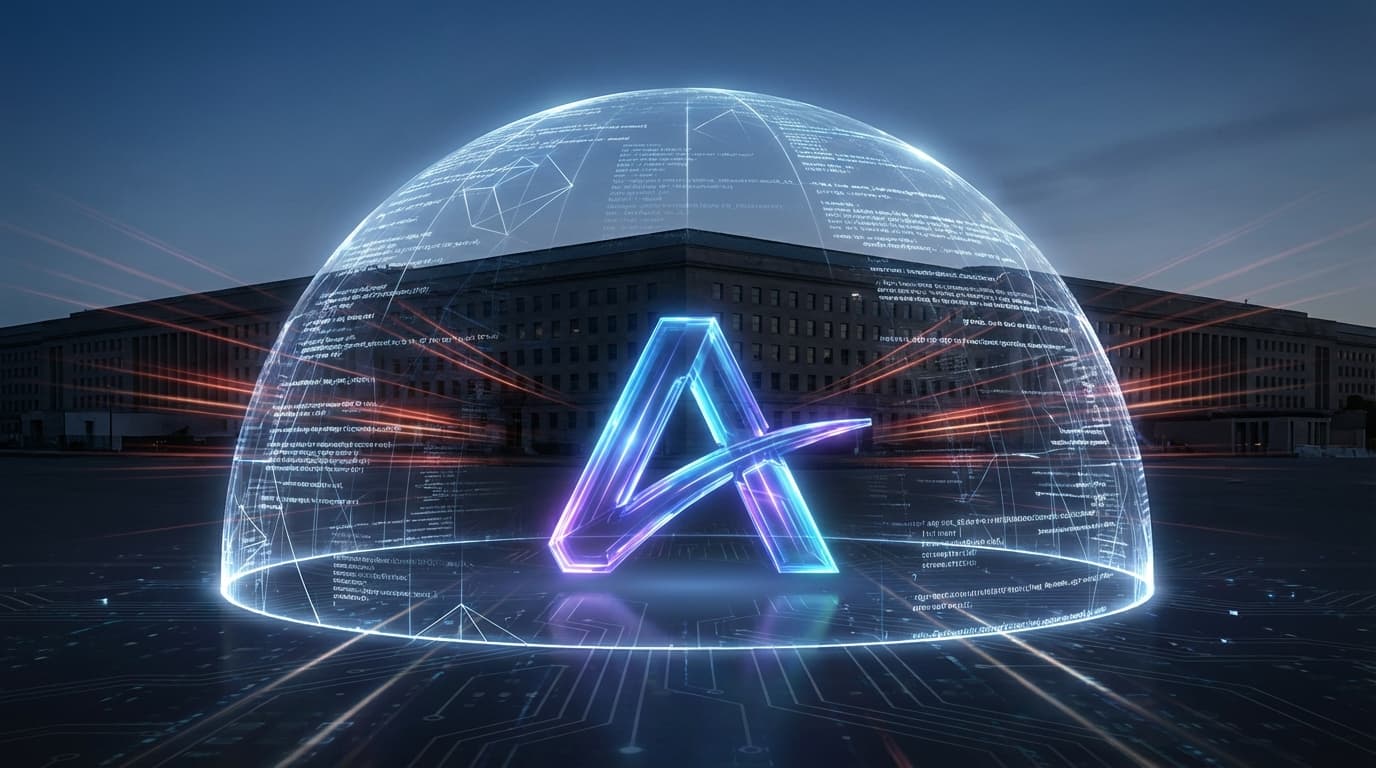 A futuristic depiction of an AI company's logo standing firm against a dark, imposing Pentagon build