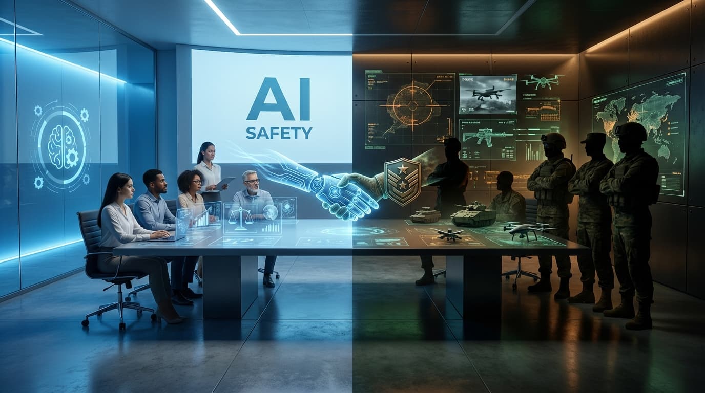 A cinematic shot of a high-tech conference room split in half: one side glowing with clinical blue l
