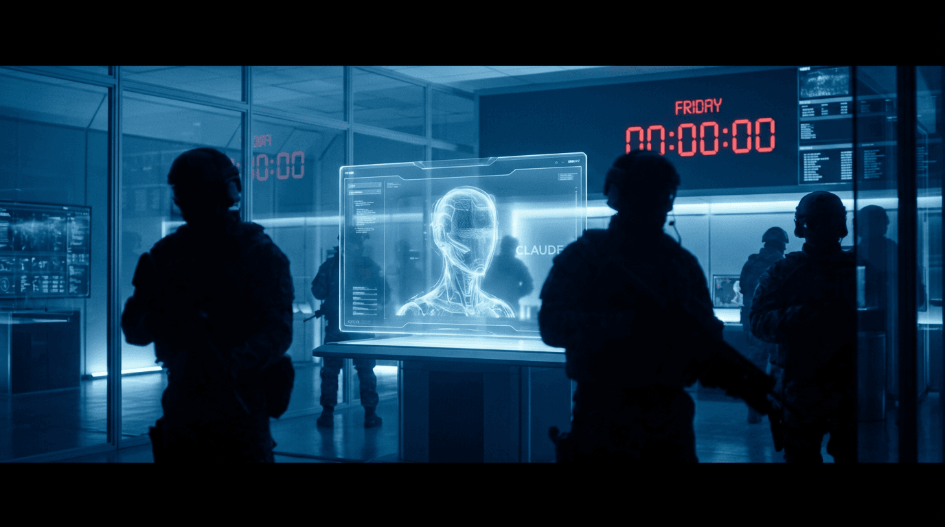 A futuristic blue-tinted laboratory with a glowing AI interface (Claude) being surrounded by the sha