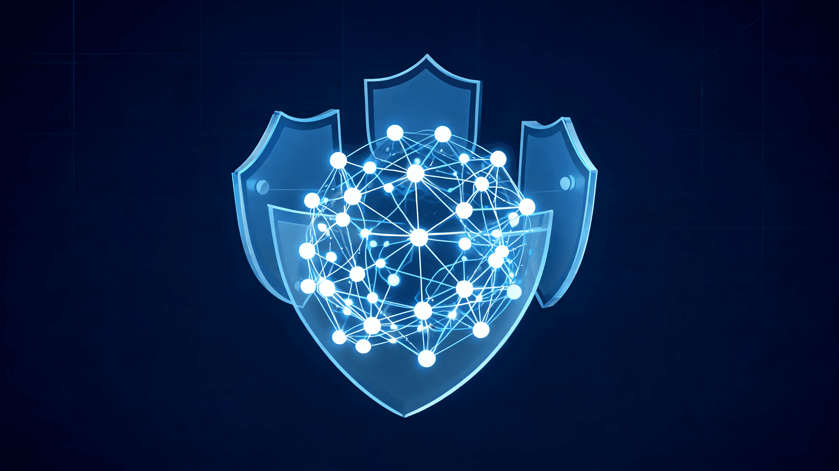 A modern AI neural network visualization on a dark blue background, with glowing safety shields prot