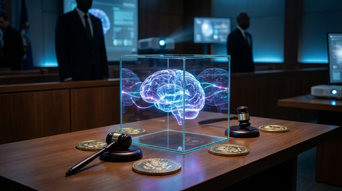 A cinematic depiction of a high-tech legal battle, showing a translucent glowing AI brain inside a g