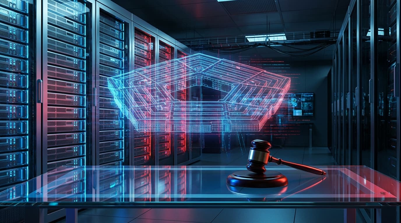 A cinematic high-contrast image showing a modern AI server room with a translucent digital overlay o