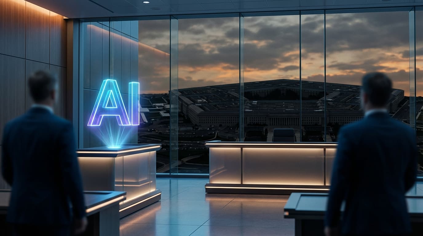 A cinematic scene depicting a futuristic courtroom where a glowing AI logo representing Claude is ju