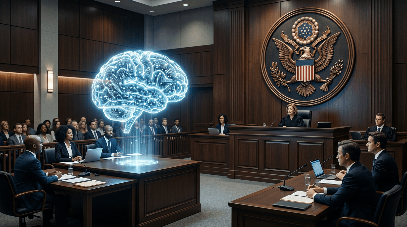 A cinematic courtroom scene with a futuristic holographic AI brain on one side and a classical Ameri