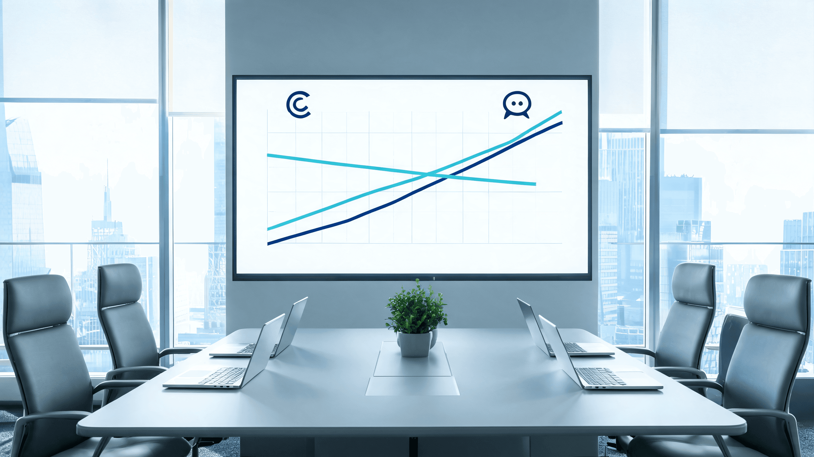 A modern, professional office setting featuring digital graphs showing a crossover in growth lines,