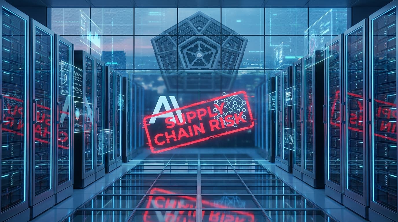 A cinematic wide shot of a futuristic server room with holographic displays. One large screen displa