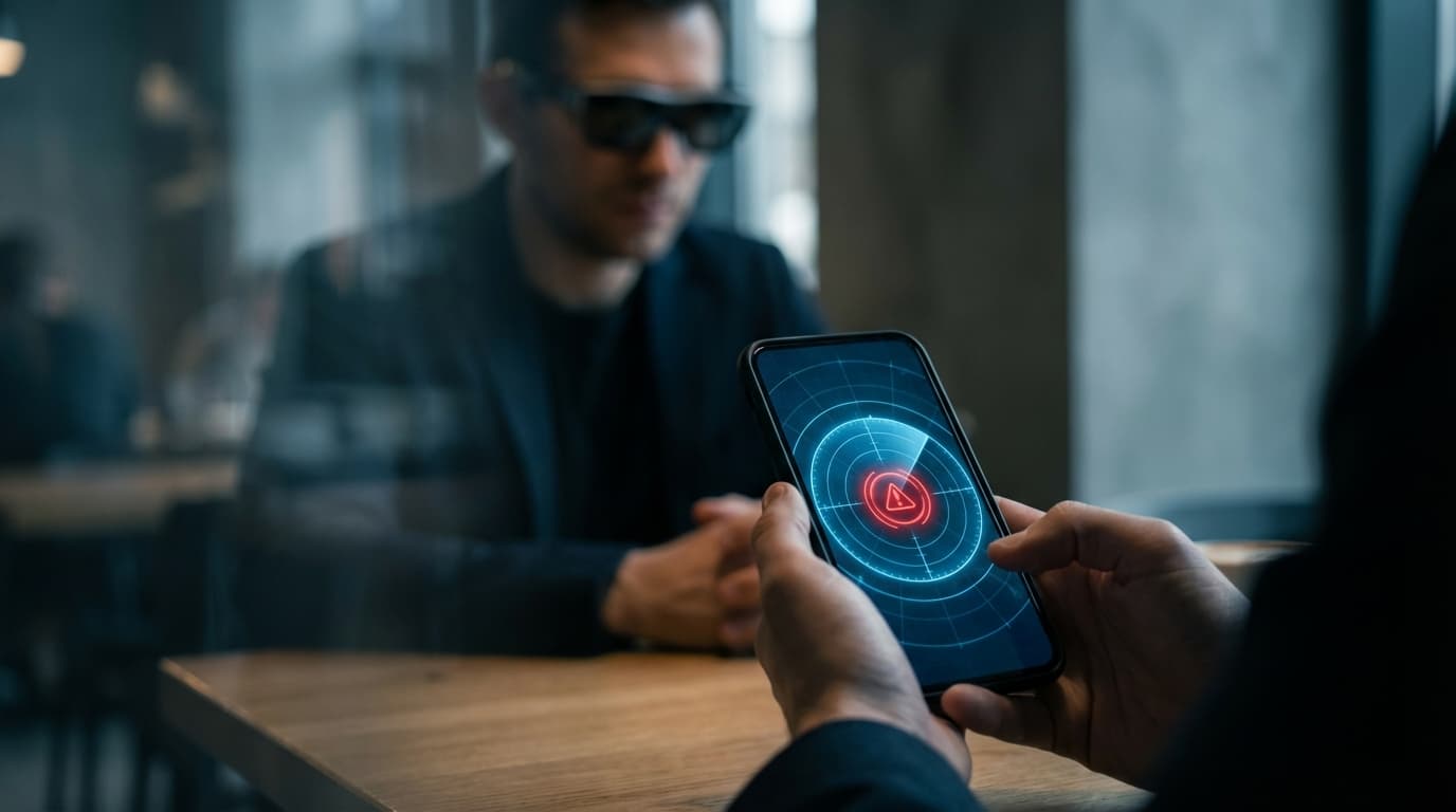 A close-up of a person looking at a smartphone screen showing a radar-like scanning interface with a