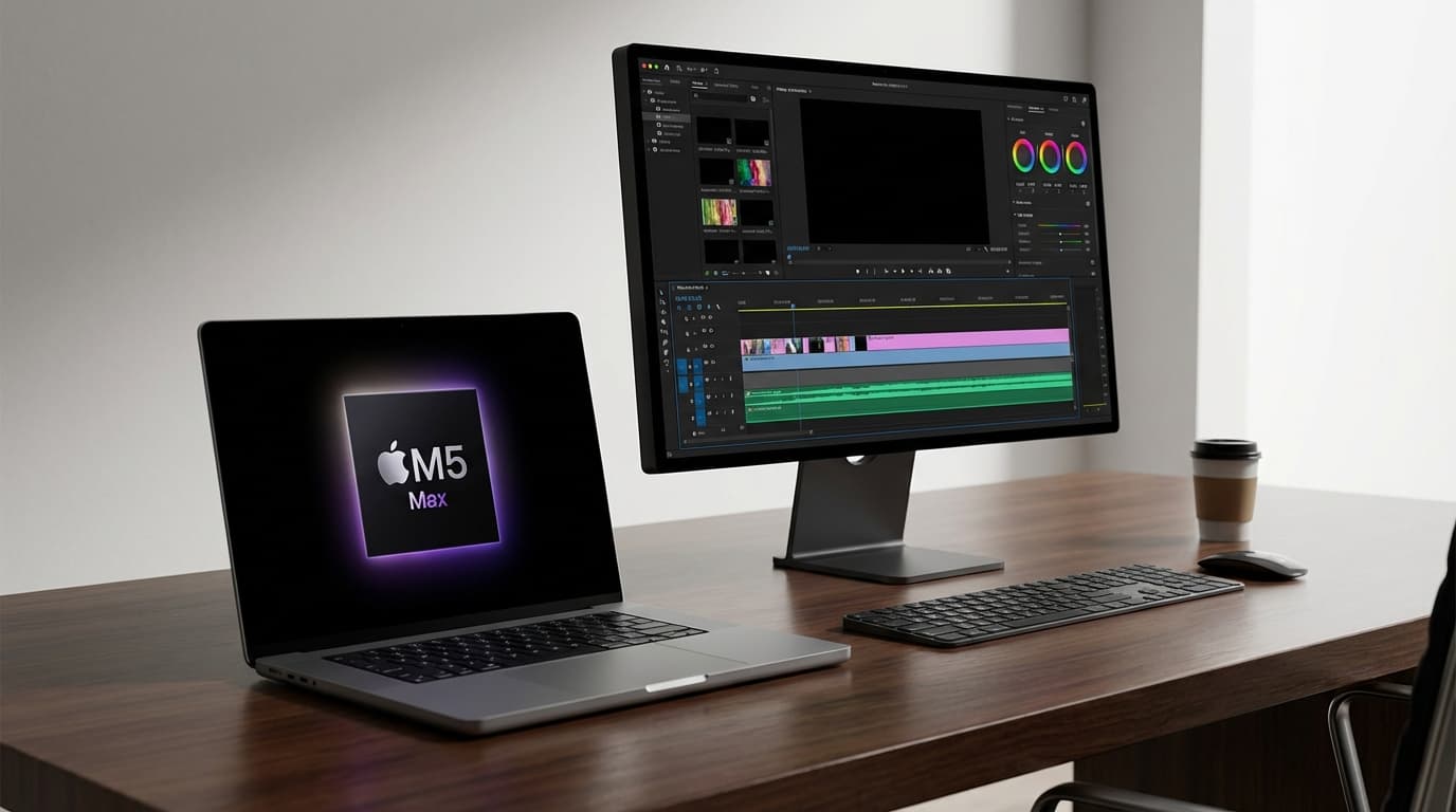 A highly detailed close-up of a new 16-inch MacBook Pro showing a glowing M5 Max chip on its screen,