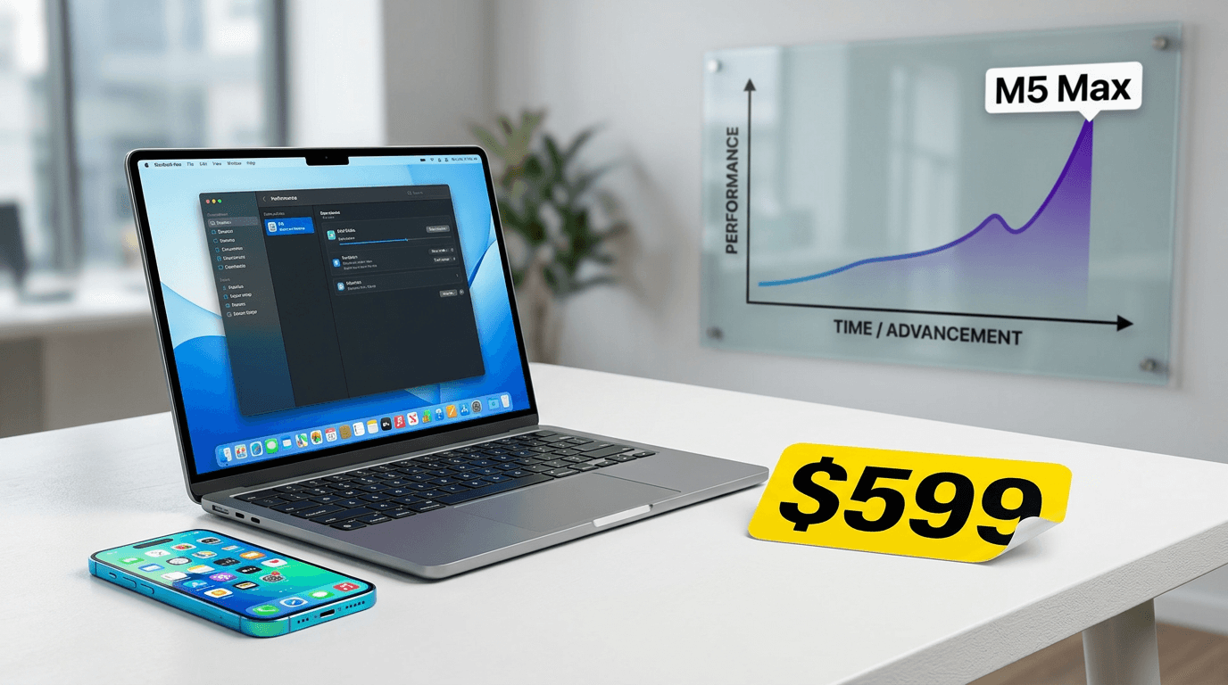 A stylish studio product shot of a thin, space-gray MacBook Neo and a colorful iPhone 17e on a minim