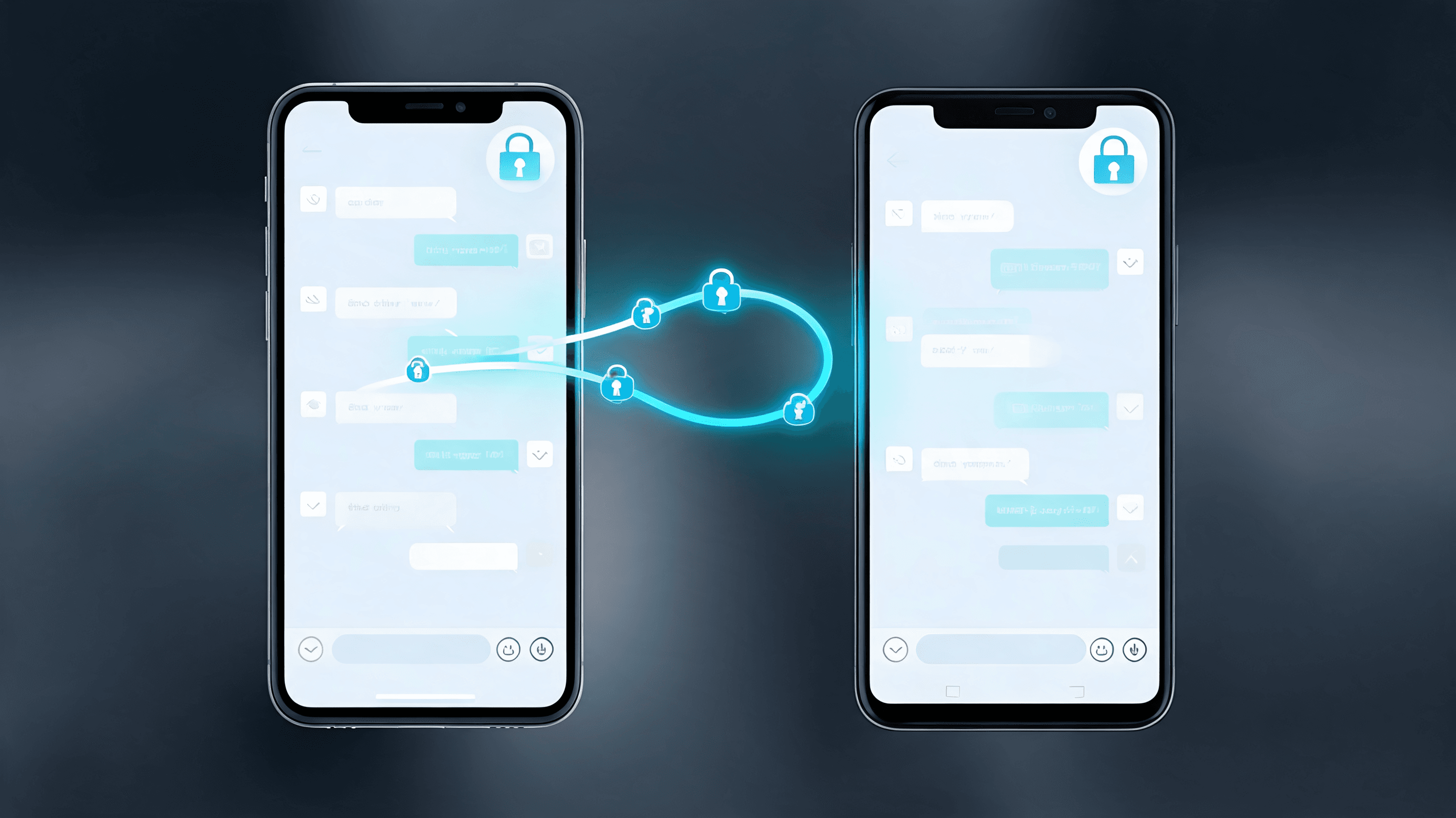 A clean, minimalist visual of two different smartphone screens connected by a glowing, secure digita
