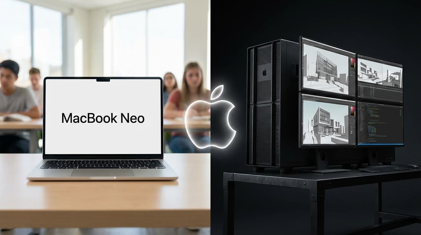 A split-screen visual: the left side shows a sleek, simple MacBook Neo in a bright classroom, the ri
