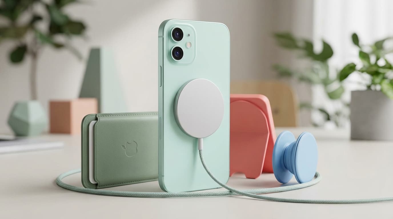 A close-up shot of an iPhone 17e in a soft pastel color, with a MagSafe charger clicking onto its ba