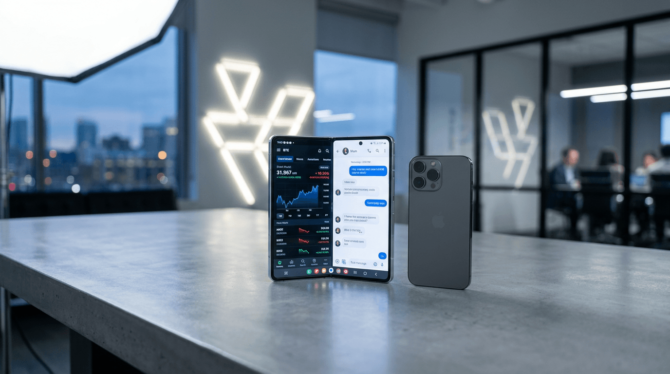 A sleek, silver foldable smartphone partially unfolded to reveal a vibrant OLED display with two app