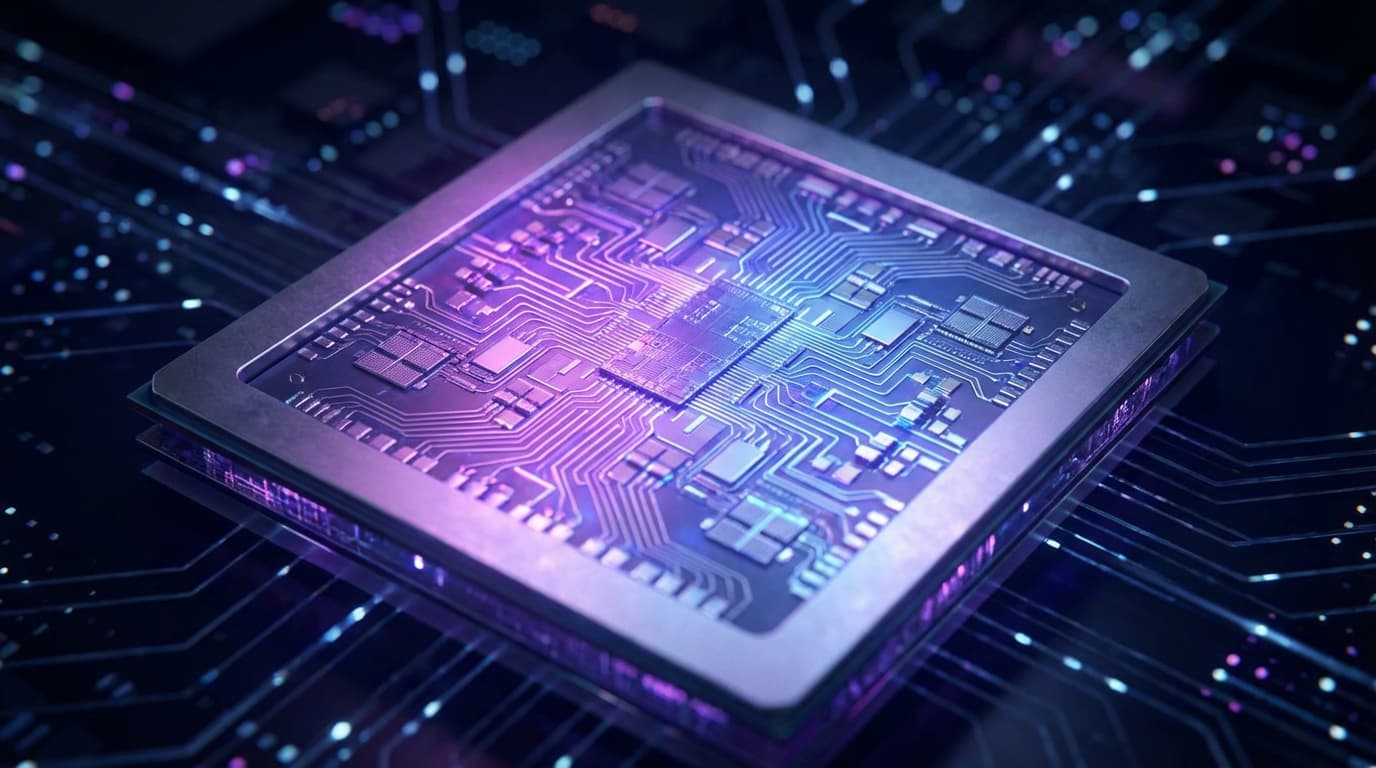 A close-up, high-tech macro shot of the Apple M5 Max silicon die, showing the intricate circuitry wi