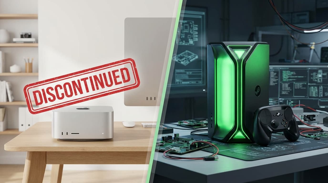 A split screen illustration: one side shows an elegant, minimalist Apple Mac Studio with a 'Disconti