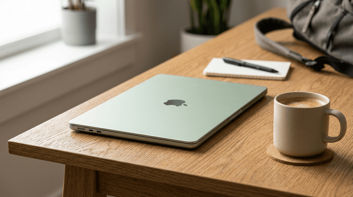 A side view of a very thin and light MacBook Neo in a soft pastel color, placed on a student's woode